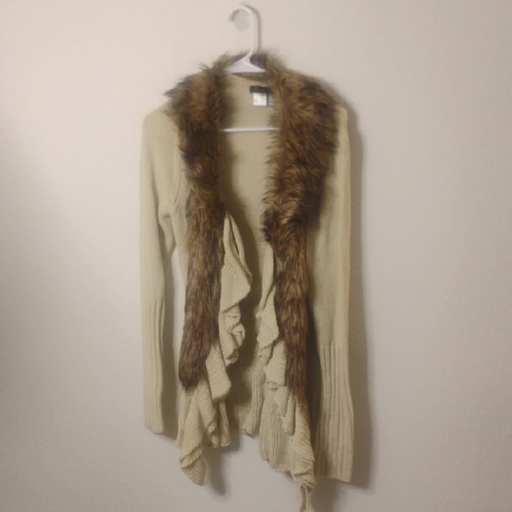 VENUS Beige Cardigan with Faux Fur Accent